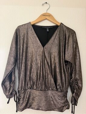 White House Black Market Metallic Bronze V-Neck Wrap Blouse